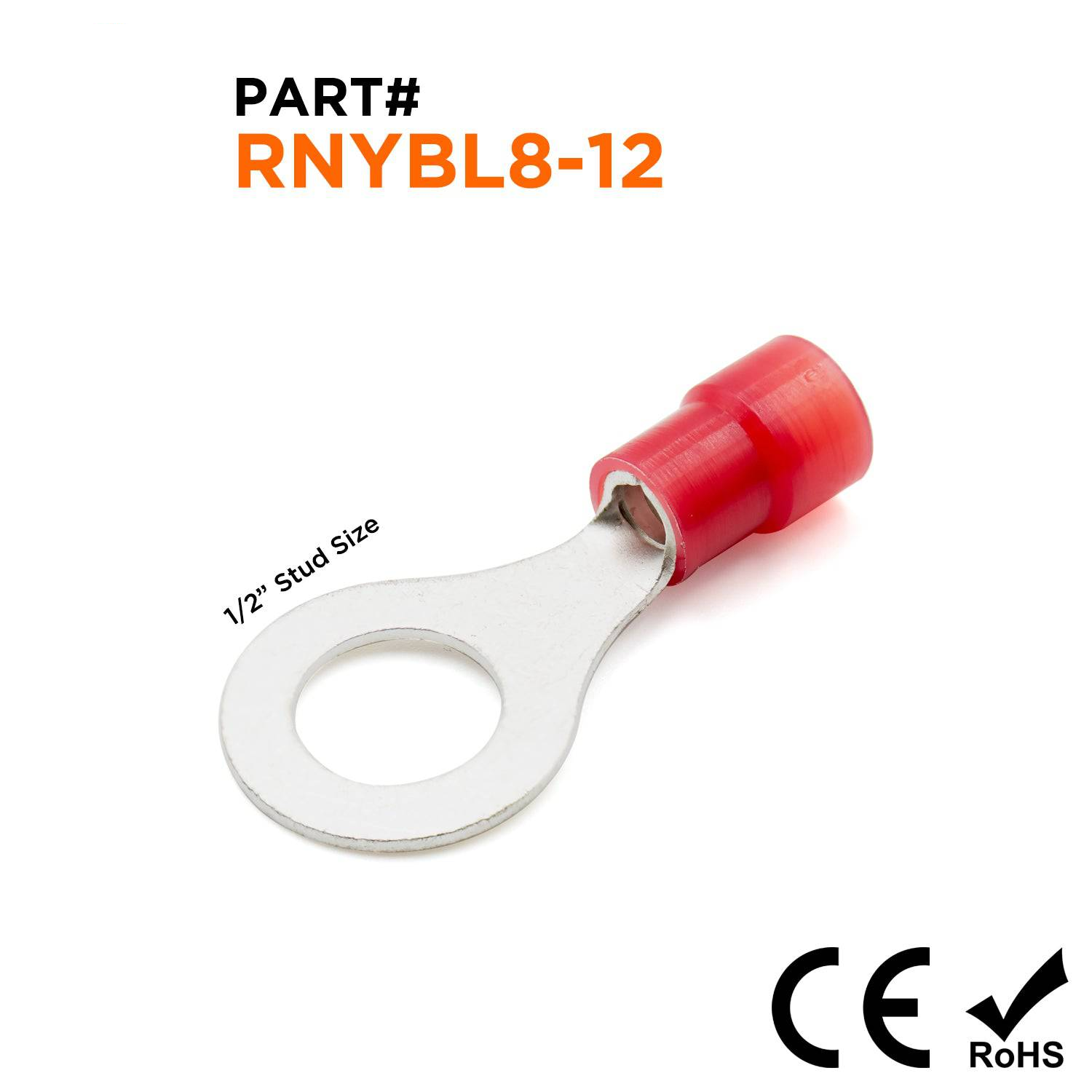 RNYBL8-12 - 8 AWG Nylon Insulated Ring Terminals, 1/2" Stud, 10 Pieces