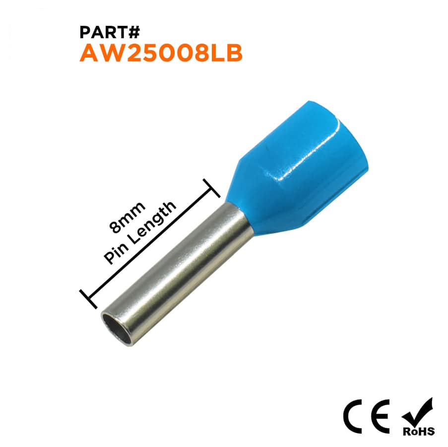 AW25008LB - 14 AWG Insulated Punteras, 8mm Pin, Azul claro, 500 piezas