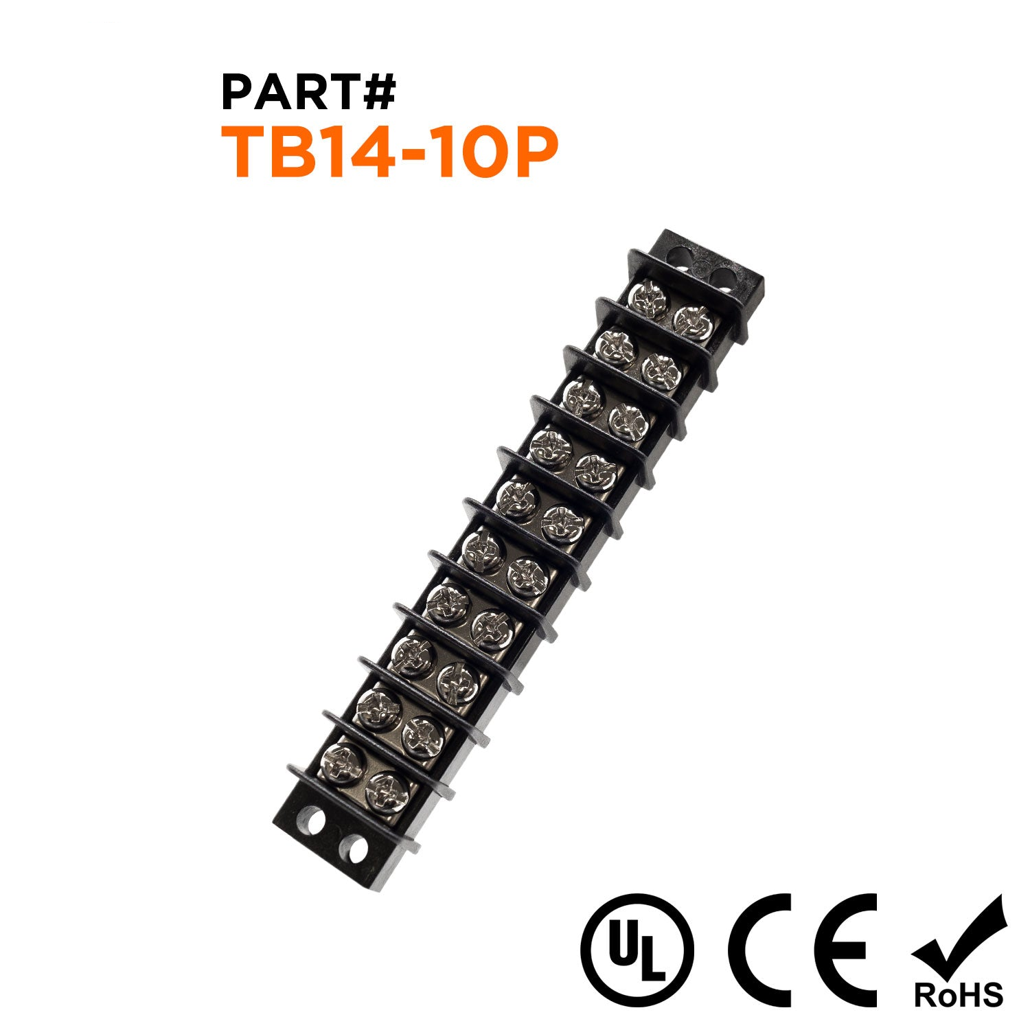 TB14-10P - Barrier Strip Terminal Block, Terminal Strip, 10 Pole, Double Row, 15A, 300V, UL Approved, 1 pieza
