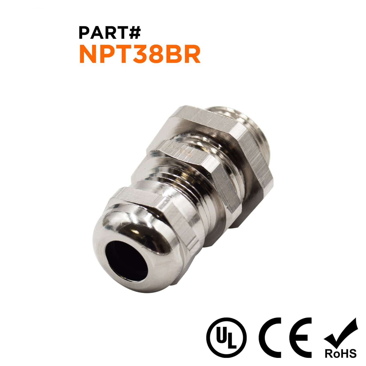 N3808BR - 3/8" NPT Rosca Plated Brass Prensaestopas, Rango: 3/16" a 5/16", UL Listed, IP68, IP69K - 1 pieza