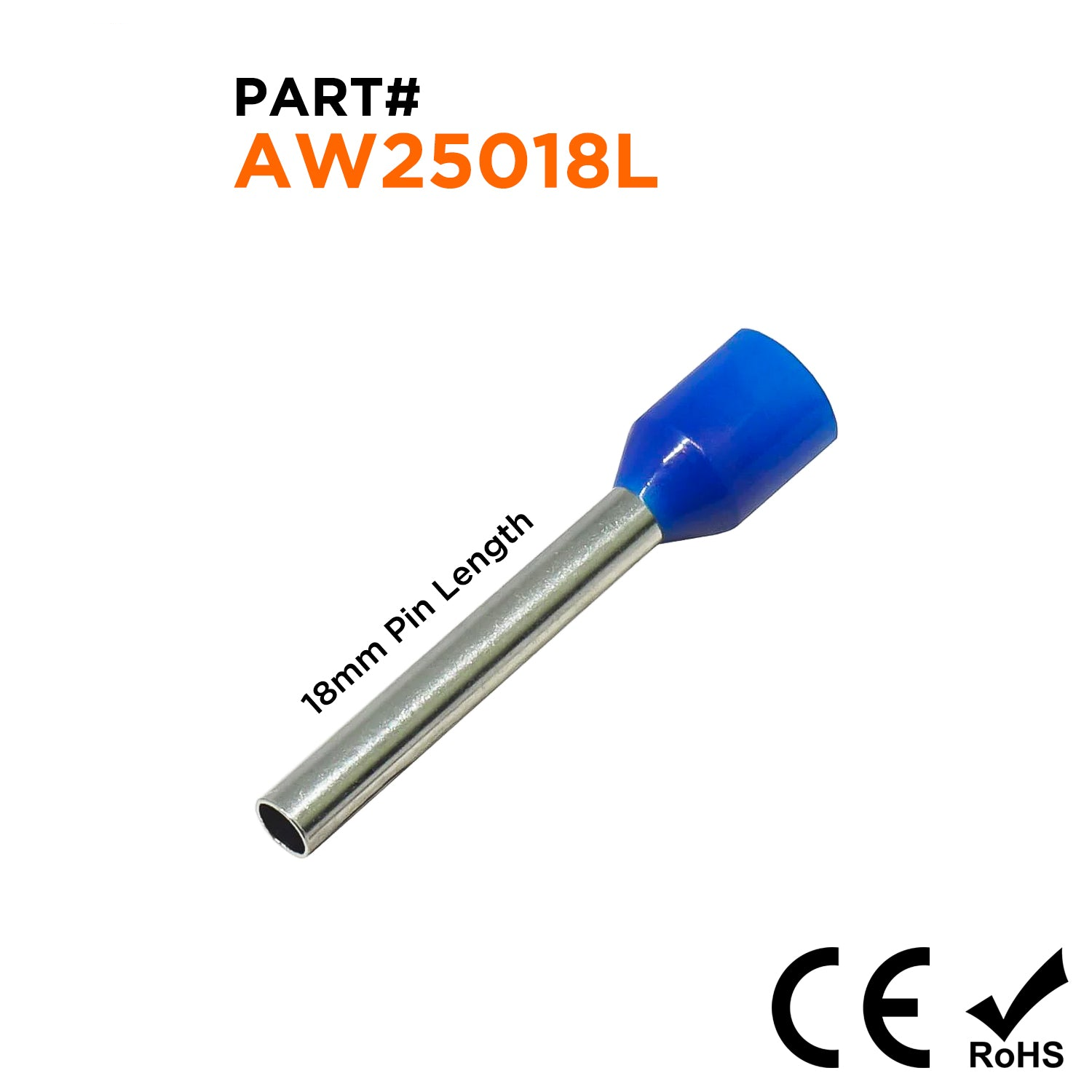 AW25018L - 14 AWG Insulated Punteras, 18mm Pin, Azul, Ancho Collar, 500 piezas