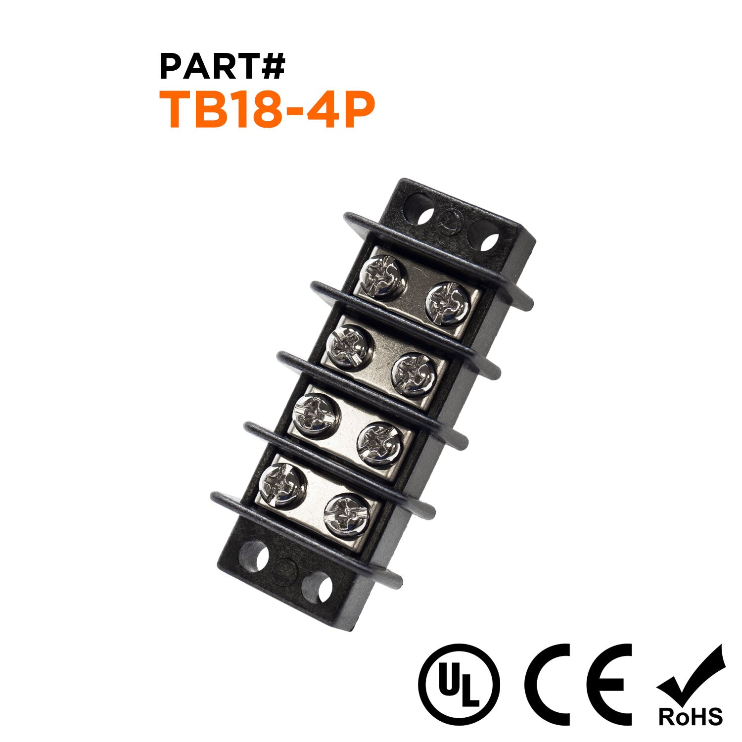 TB18-4P - Barrier Strip Terminal Block, Terminal Strip, 4 Pole, Double Row, 20A, 300V, UL Approved, 1 Piece