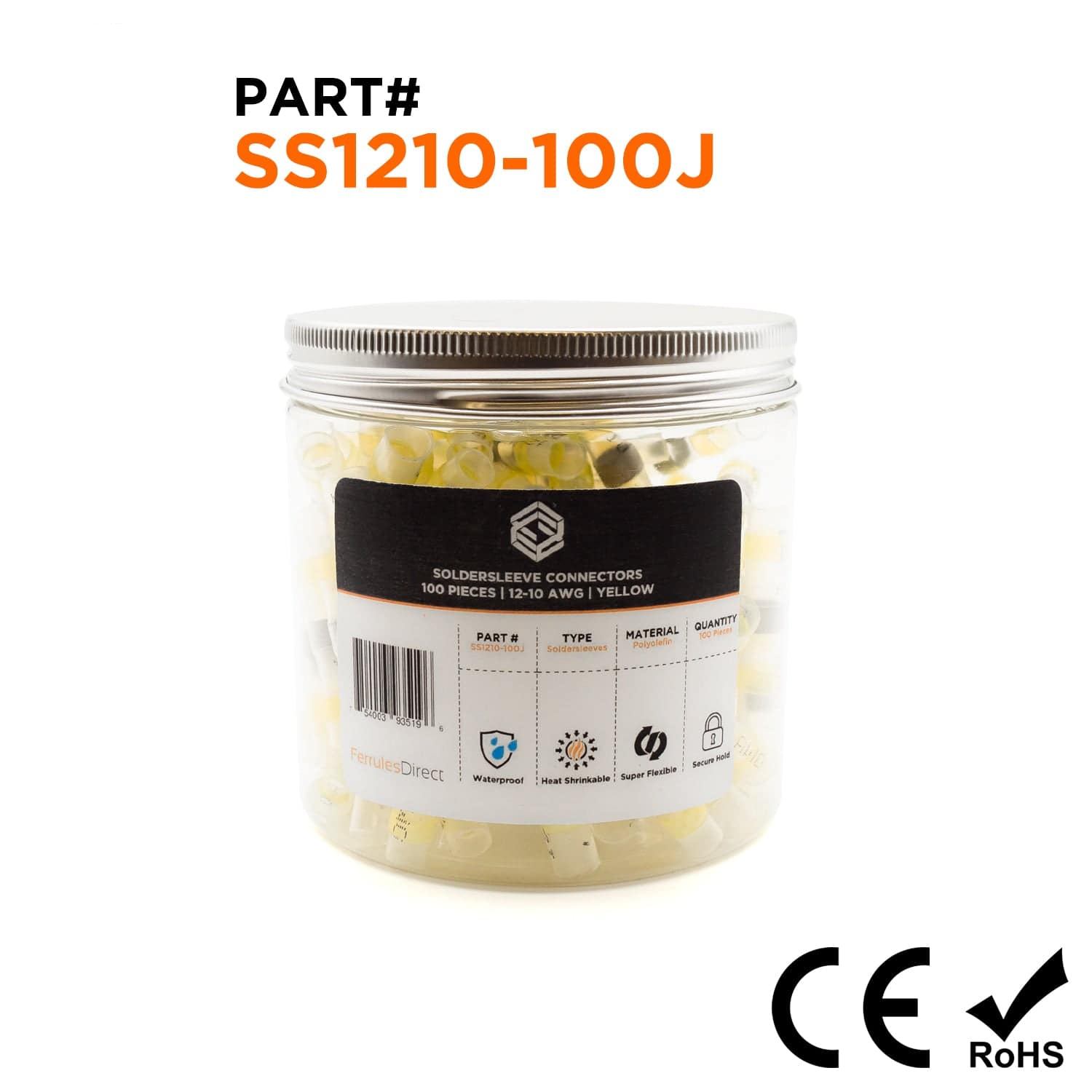 SS1210-100J - 12 a 10 AWG Termorretráctiles Solder Sleeves, Amarillo, 100 piezas