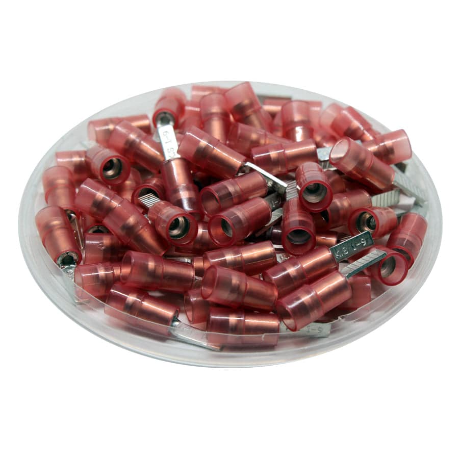 DBNYD1-9 - 22 to 16 AWG Nylon Flat Blade Terminals, Double Crimp, Red, 9mm Pin, 100 Pieces