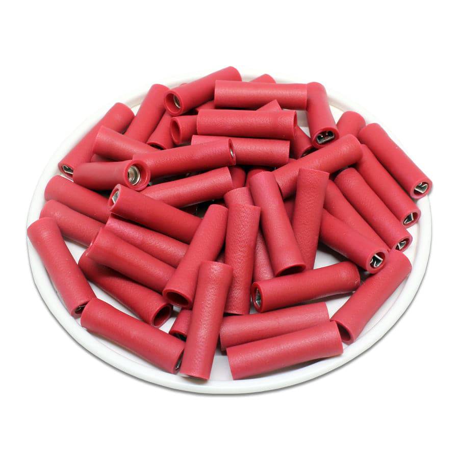 FDFD1-110(5) - 22 a 16 AWG Vinyl PVC Insulated Terminales de desconexión rápida, Female, Rojo, Totalmente aislados, Double Crimp, 100 piezas
