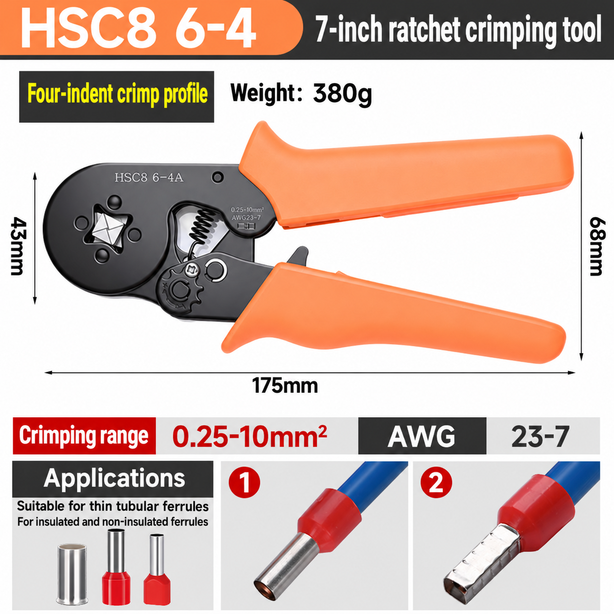 HSC8 6-4A, crimpadora de carraca para punteras, 0,25–10 mm²