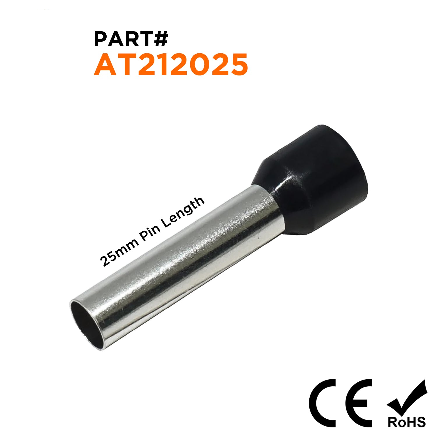 AT212025 - 4 AWG (Small Diameter) Insulated Wire Ferrules, 25mm Pin, Black, 100 Pieces