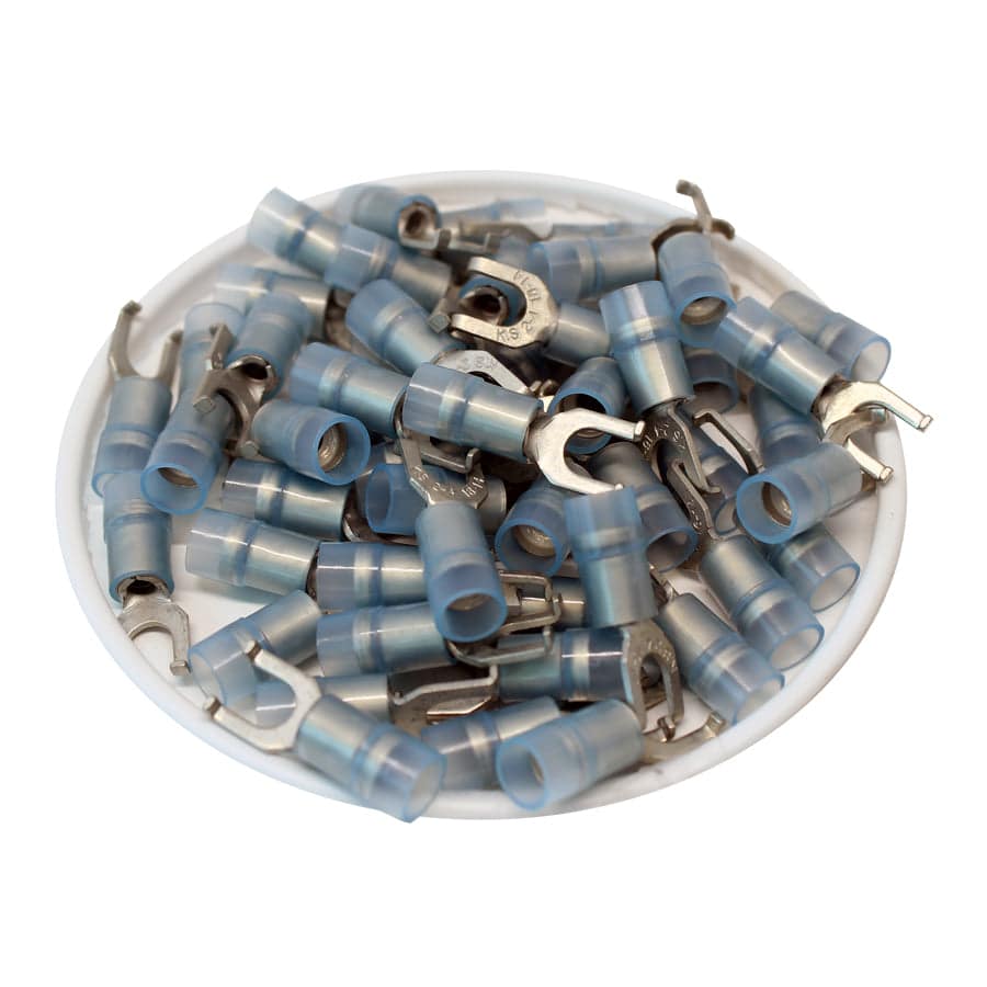 FSNYD2-4 - 16 to 14 AWG Nylon Insulated Flange Spade Terminals, #8 Stud, Double Crimp, 100 Pieces