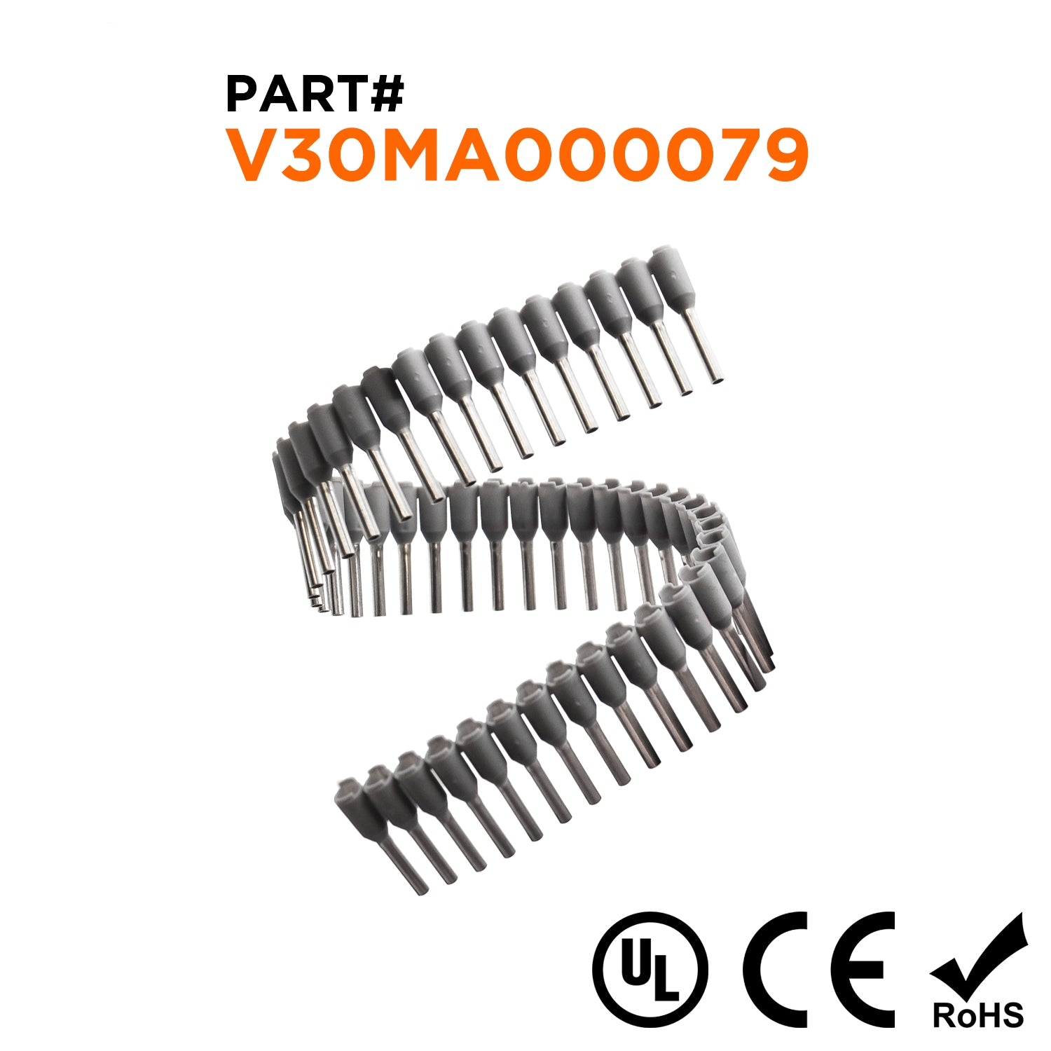 Z+F V30MA000079 - 14 AWG Insulated Punteras Strips, 8mm Pin, Gris, 500 piezas