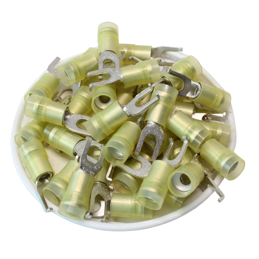 FSNYDS5-5 - 12 to 10 AWG Nylon Flange Spade Terminals, #10 Stud, Double Crimp, Yellow, 50 Pieces