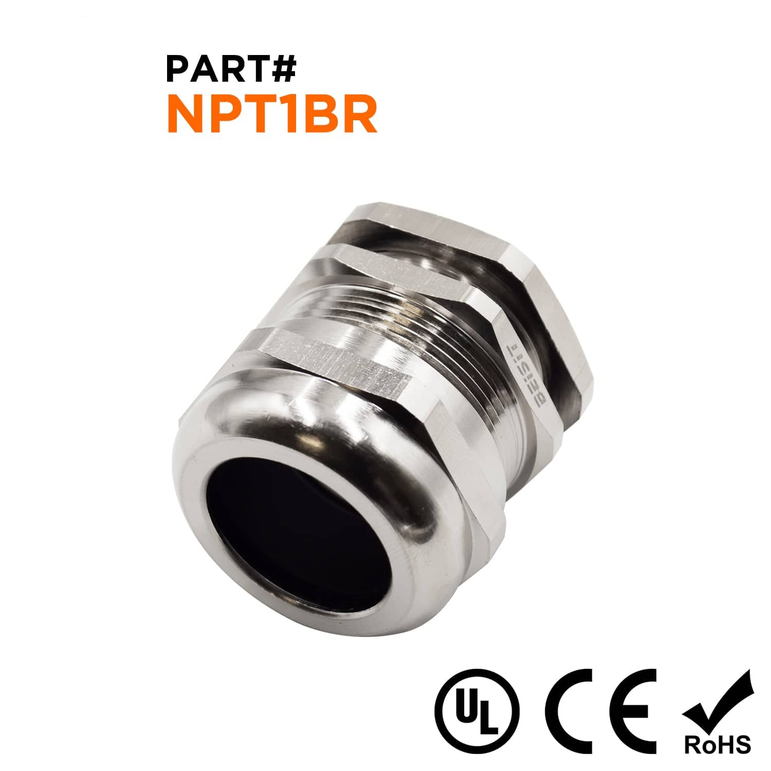 N10025BR - 1" NPT Thread Plated Brass Cable Gland, Range: 11/16" to 1", UL Listed, IP68, IP69K - 1 Piece
