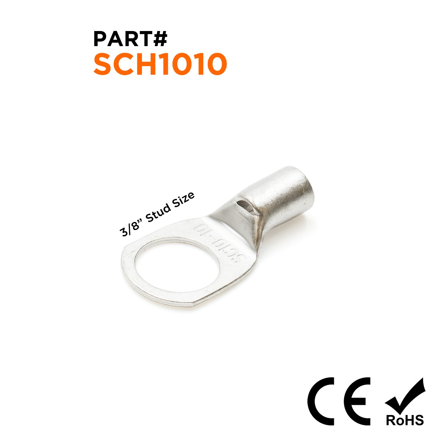 SCH1010 - 8 AWG Non Insulated Tubular Ring Lug, 3/8" Stud, 50 Pieces
