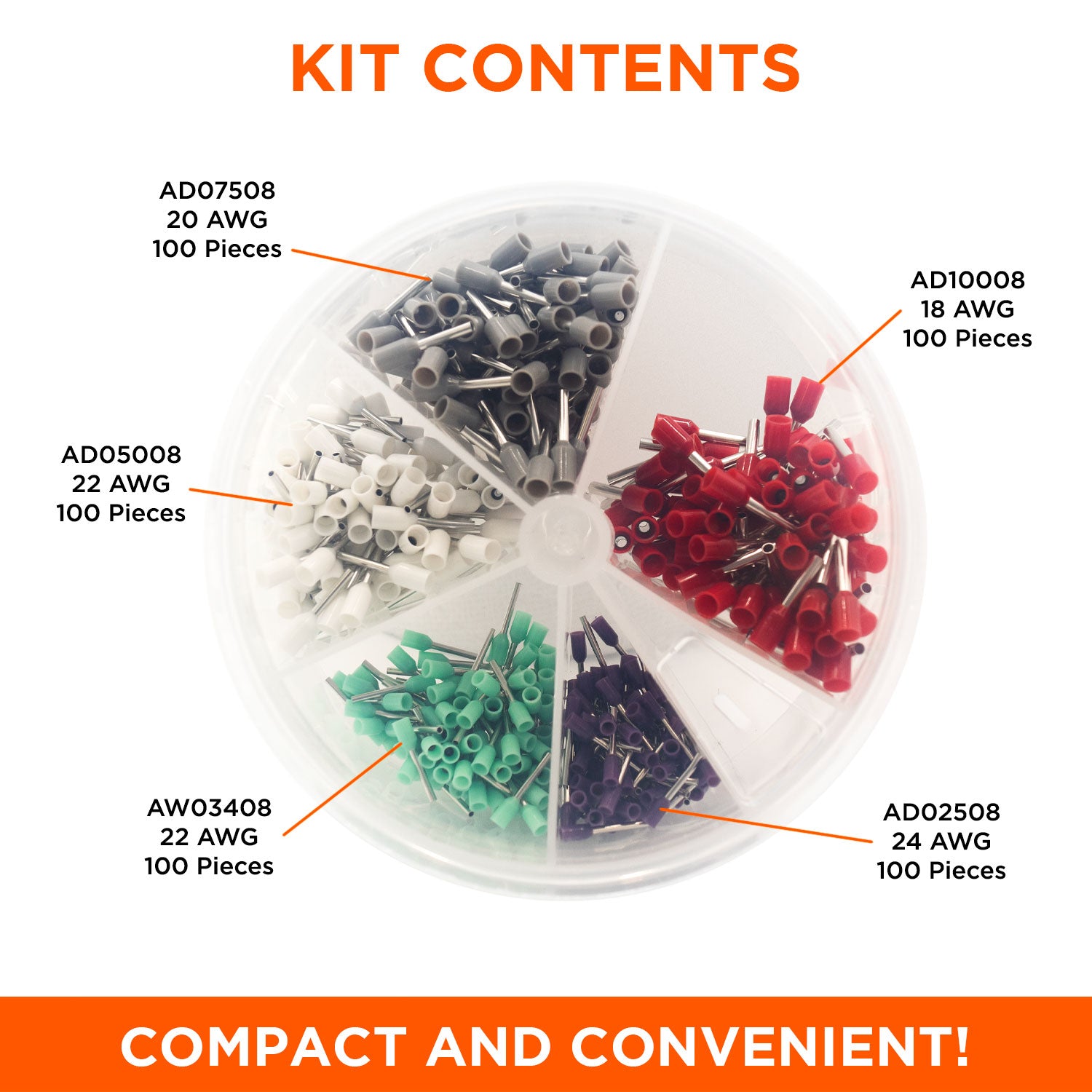 SK2418D - 24 to 18 AWG Single Insulated Wire Ferrules Mini Kit, 500 Pieces, Series D, 1 Kit