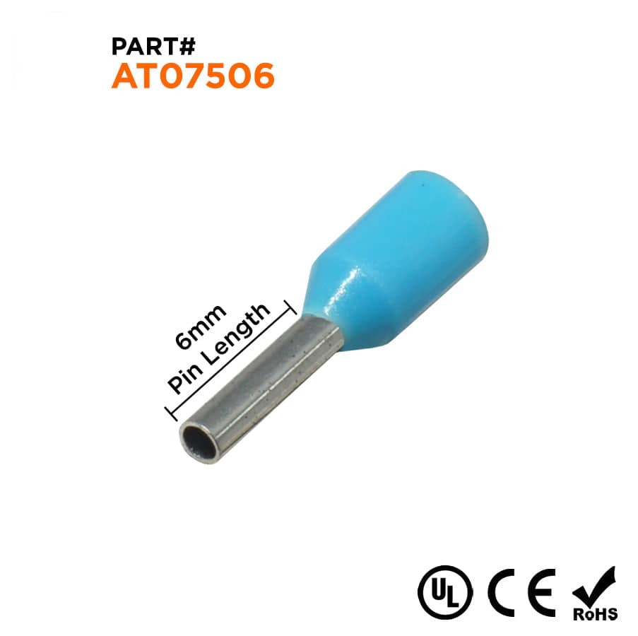 AT07506 - 20 & 18 AWG Single Insulated Wire Ferrules, 6mm Pin, Light Blue, UL Recognized, 500 Pieces