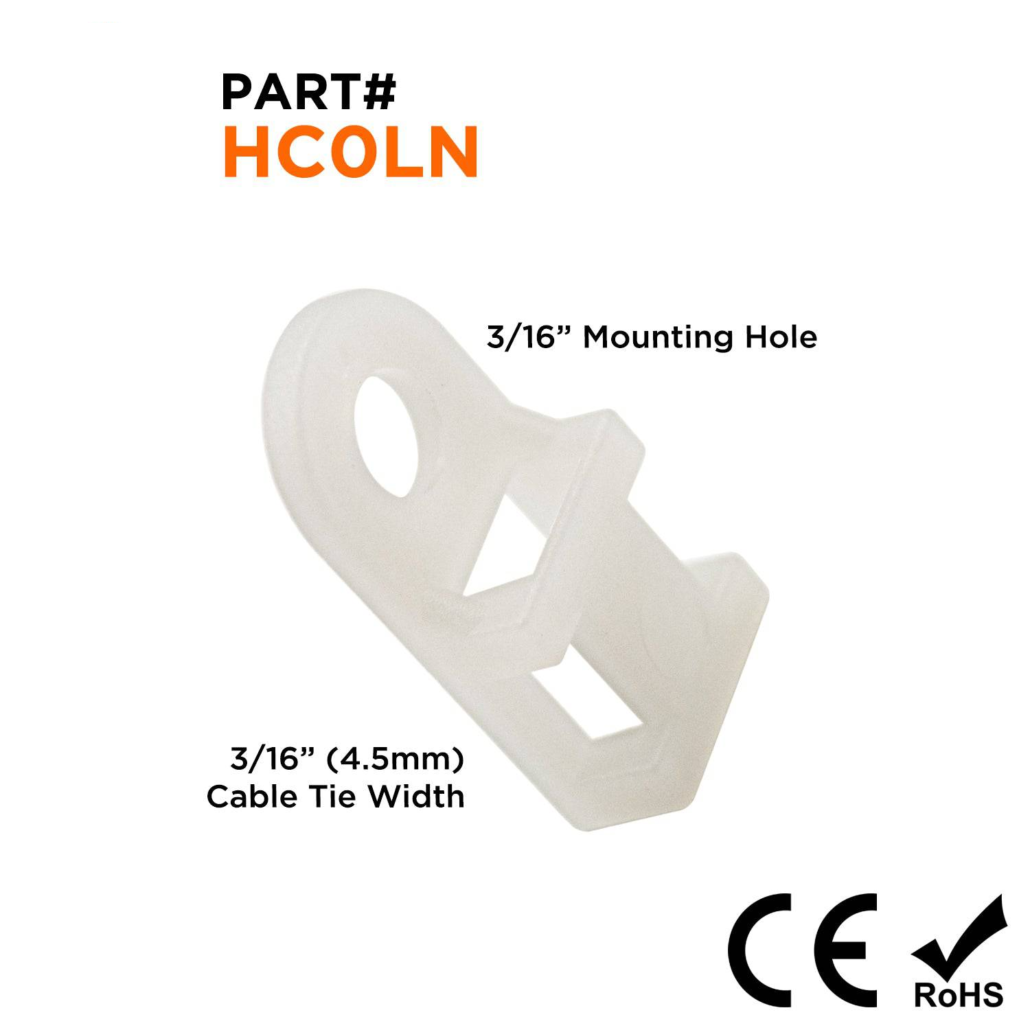 HC0LN - 3/4"L x 3/8"W Nylon Saddle Tie Mounts: Tie Width: 3/16", Screw Width: 3/16", Natural, 100 Pieces