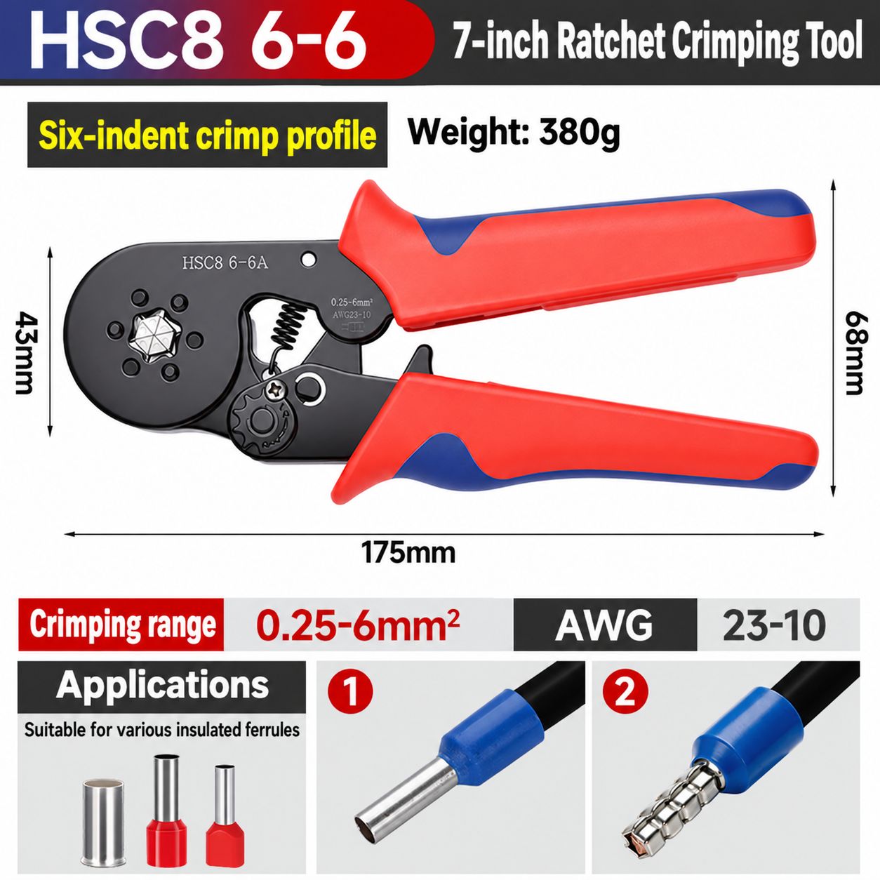 HSC8 6-6, crimpadora manual, 0.25–6 mm²