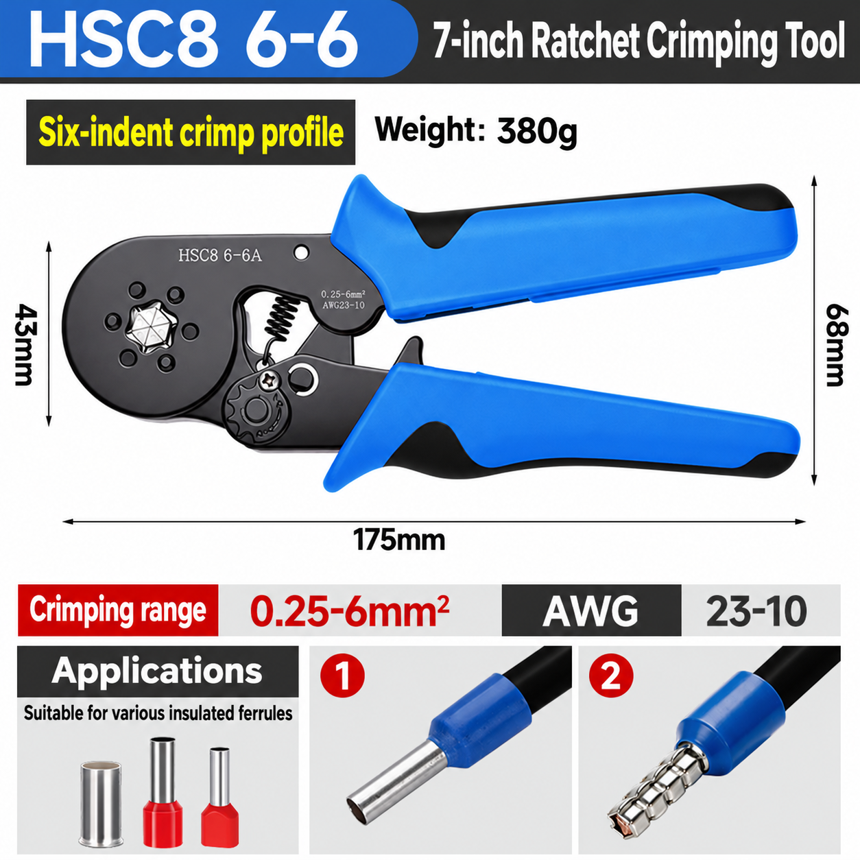 HSC8 6-6 Ferrule Crimping Tool, 0.25–6 mm²