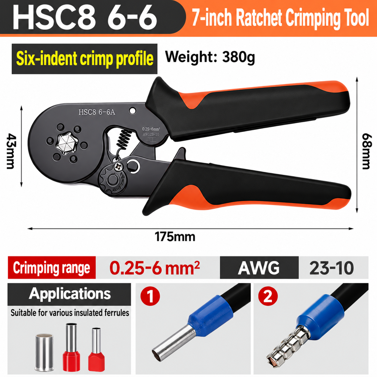 HSC8 6-6 Ferrule Crimping Tool, 0.25–6 mm²