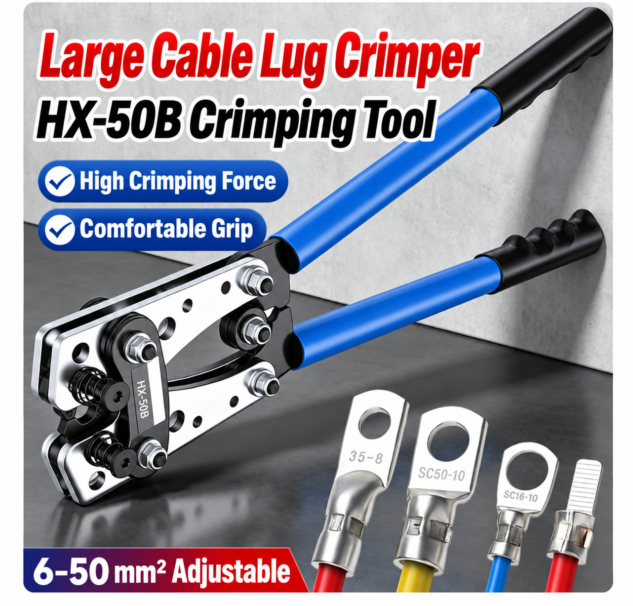 HX-50B, crimpadora ajustable para terminales desnudos, 6–50 mm²