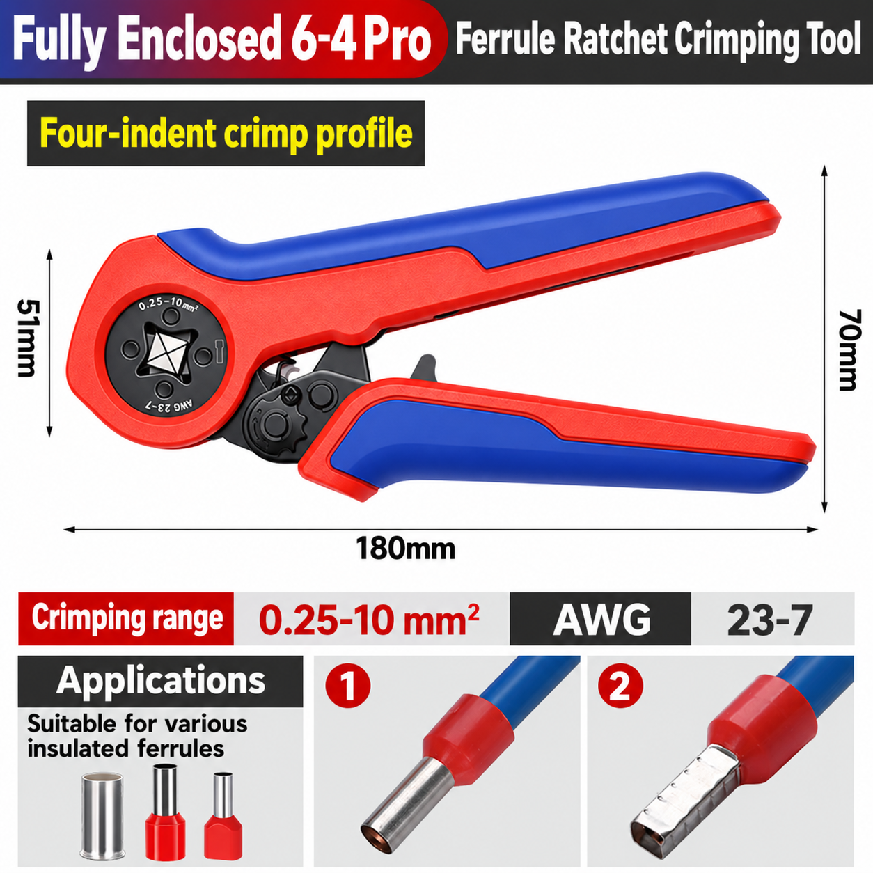 6-4 Pro Ferrule Crimping Tool, 0.25–10 mm²