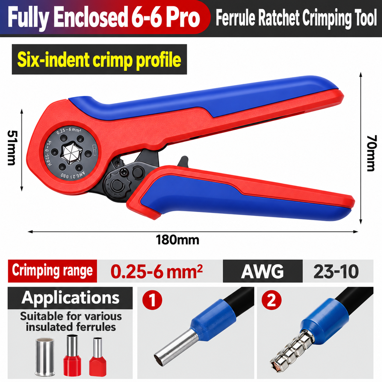 6-6 Pro Ferrule Crimping Tool, 0.25–6 mm²