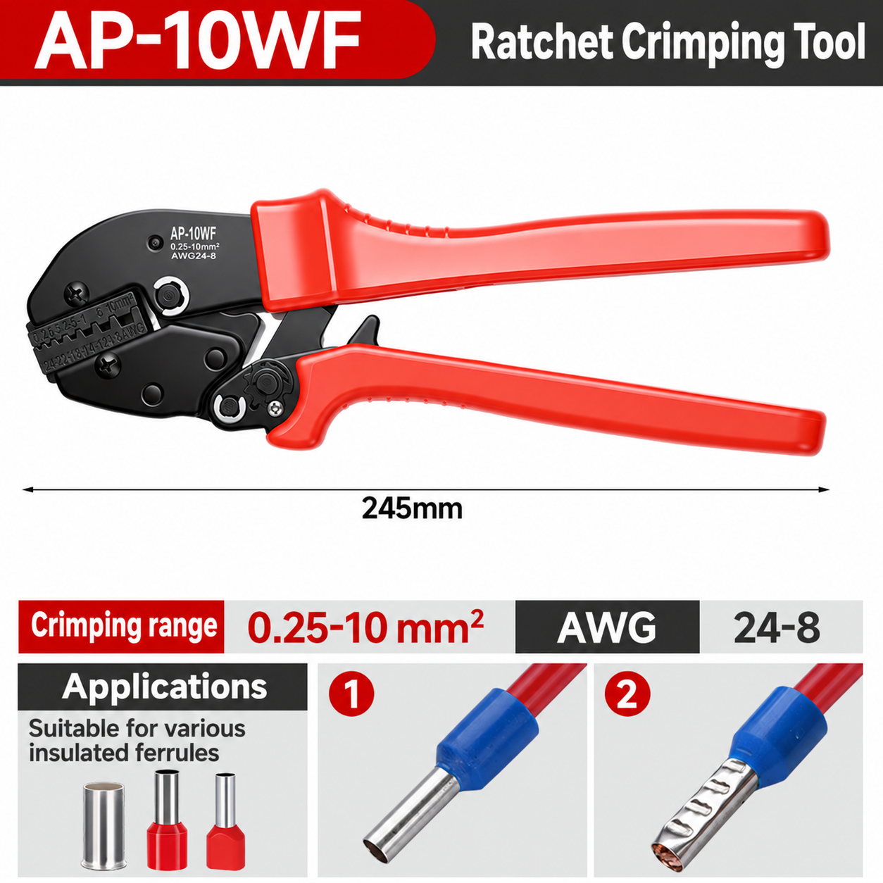 AP-10WF, crimpadora manual, 0.25–10 mm²