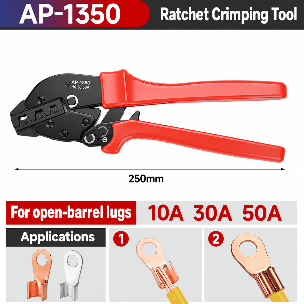AP-1350 Open-Barrel Lug Crimping Tool, 10 / 30 / 50 A