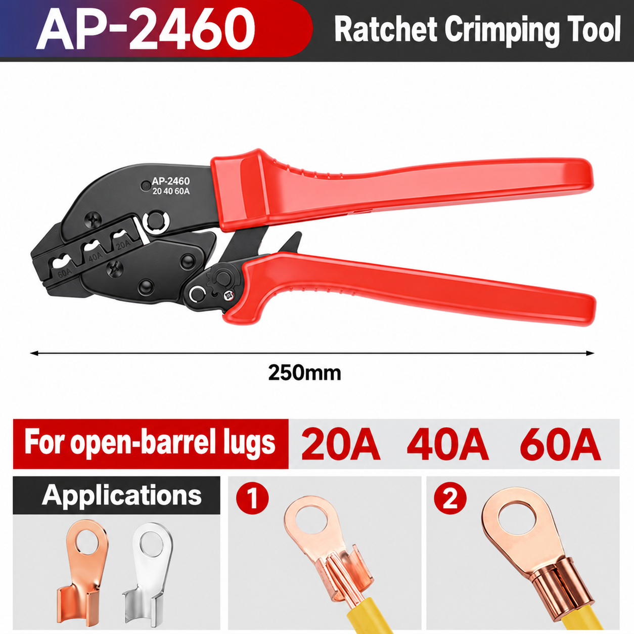 AP-2460 Open-Barrel Lug Crimping Tool, 20 / 40 / 60 A