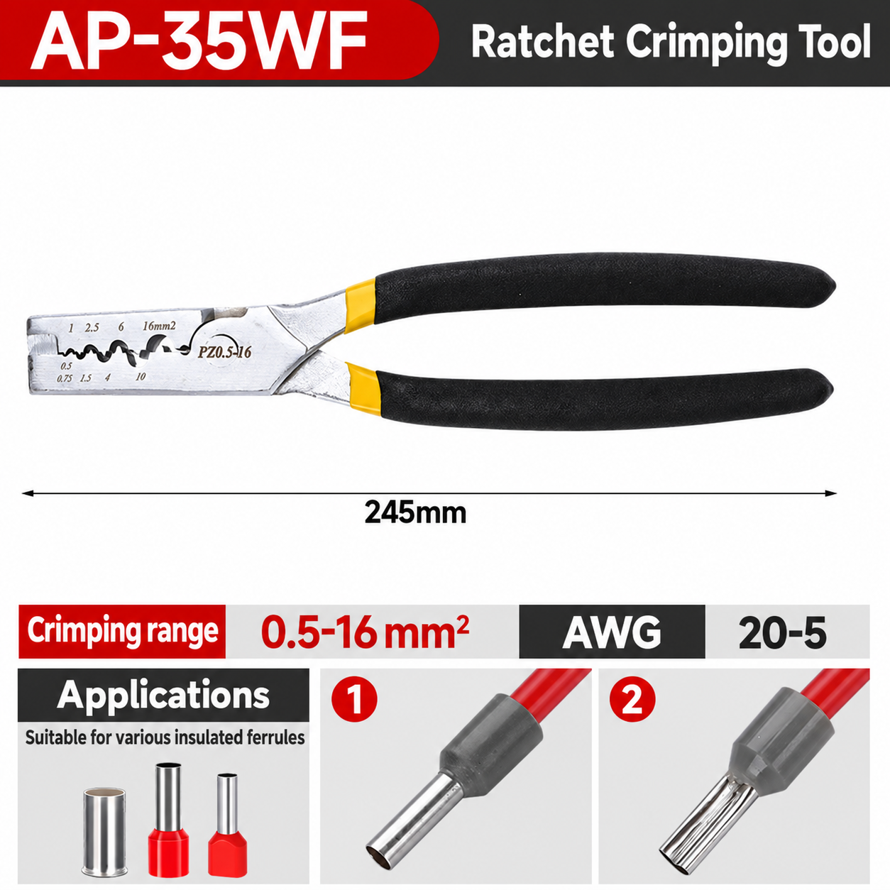 AP-35WF, crimpadora manual, 0.5–35 mm²