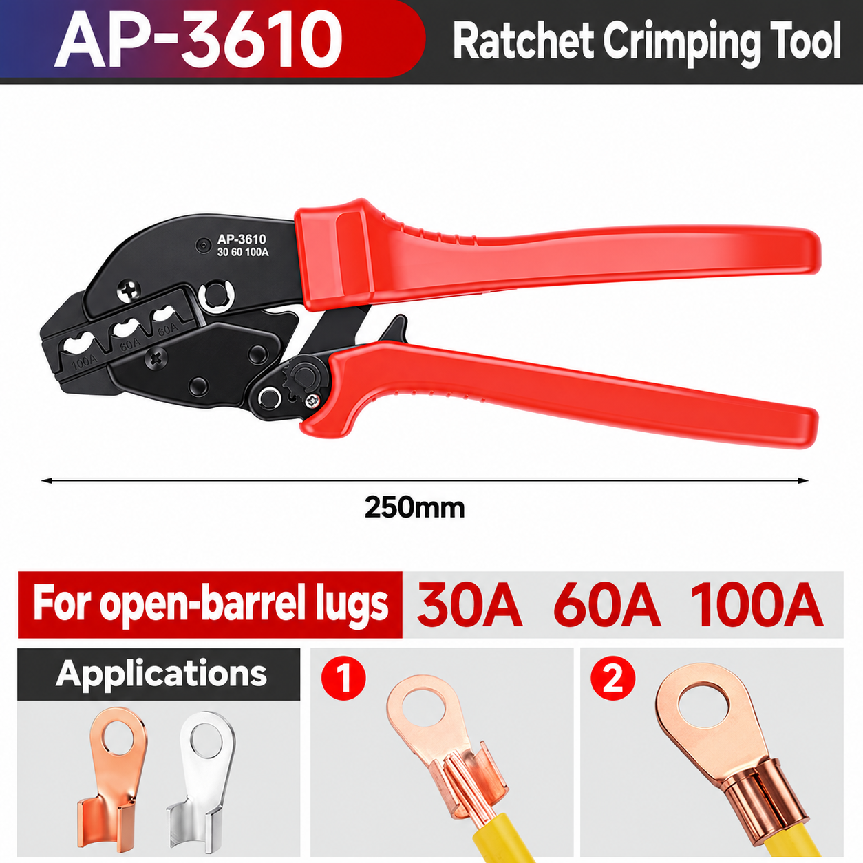 AP-3610 Open-Barrel Lug Crimping Tool, 30 / 60 / 100 A