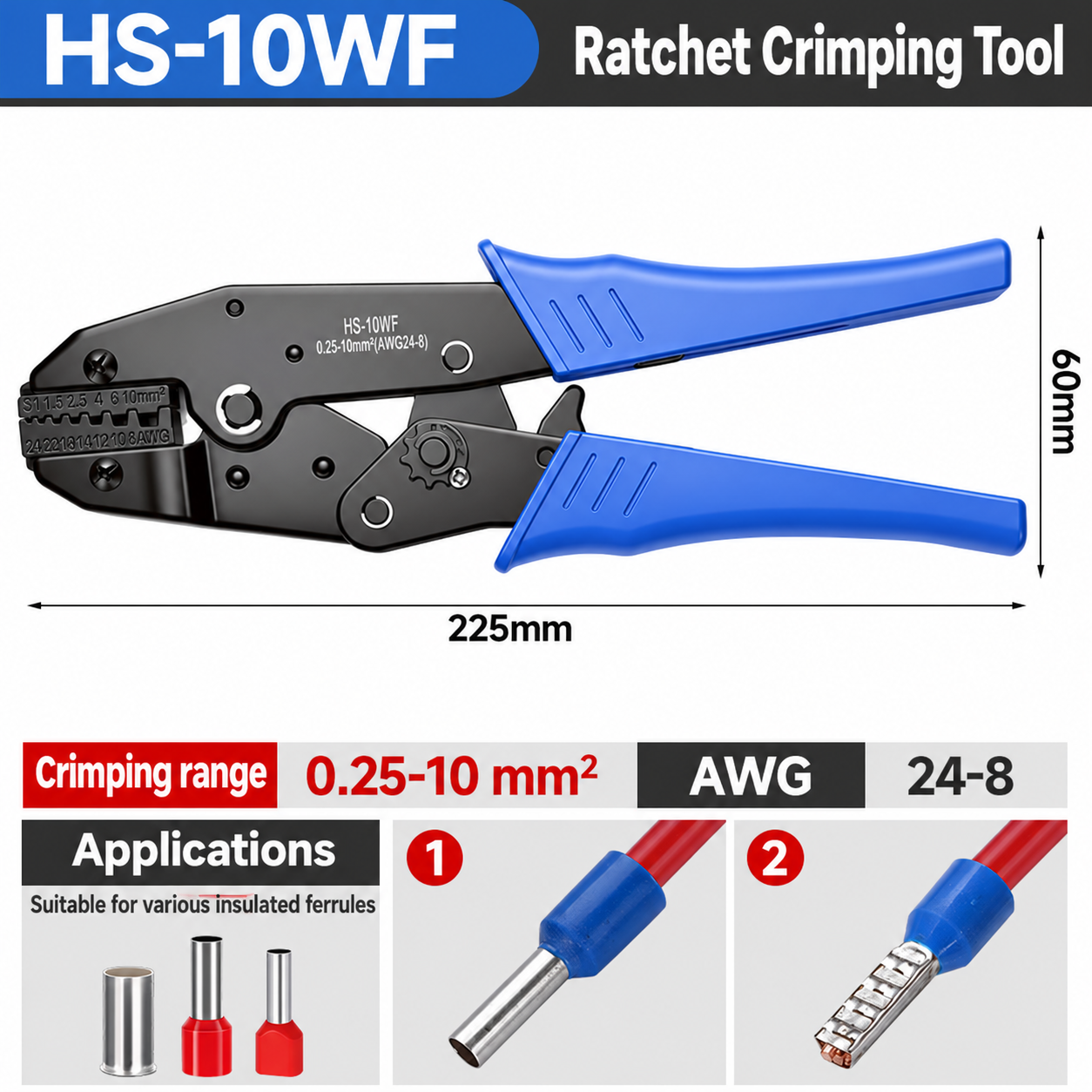 HS-10WF, crimpadora manual, 0.25–10 mm²