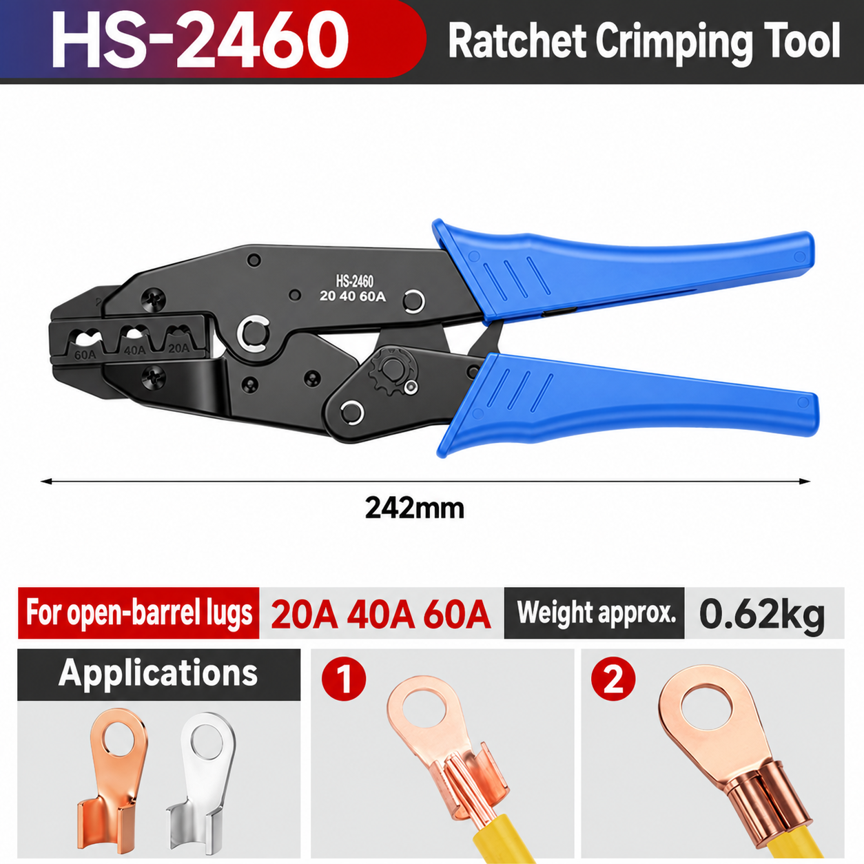 HS-2460 Open-Barrel Lug Crimping Tool, 20 / 40 / 60 A
