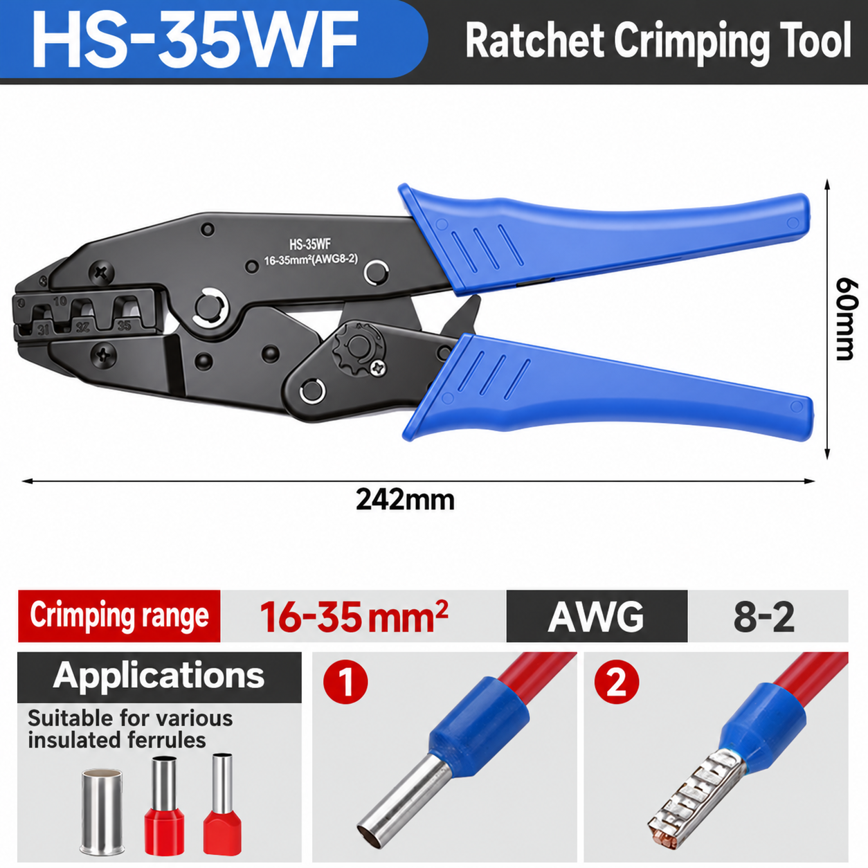 HS-35WF, crimpadora manual, 16–35 mm²