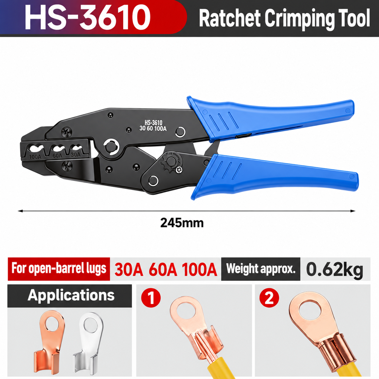 HS-3610 Open-Barrel Lug Crimping Tool, 30 / 60 / 100 A