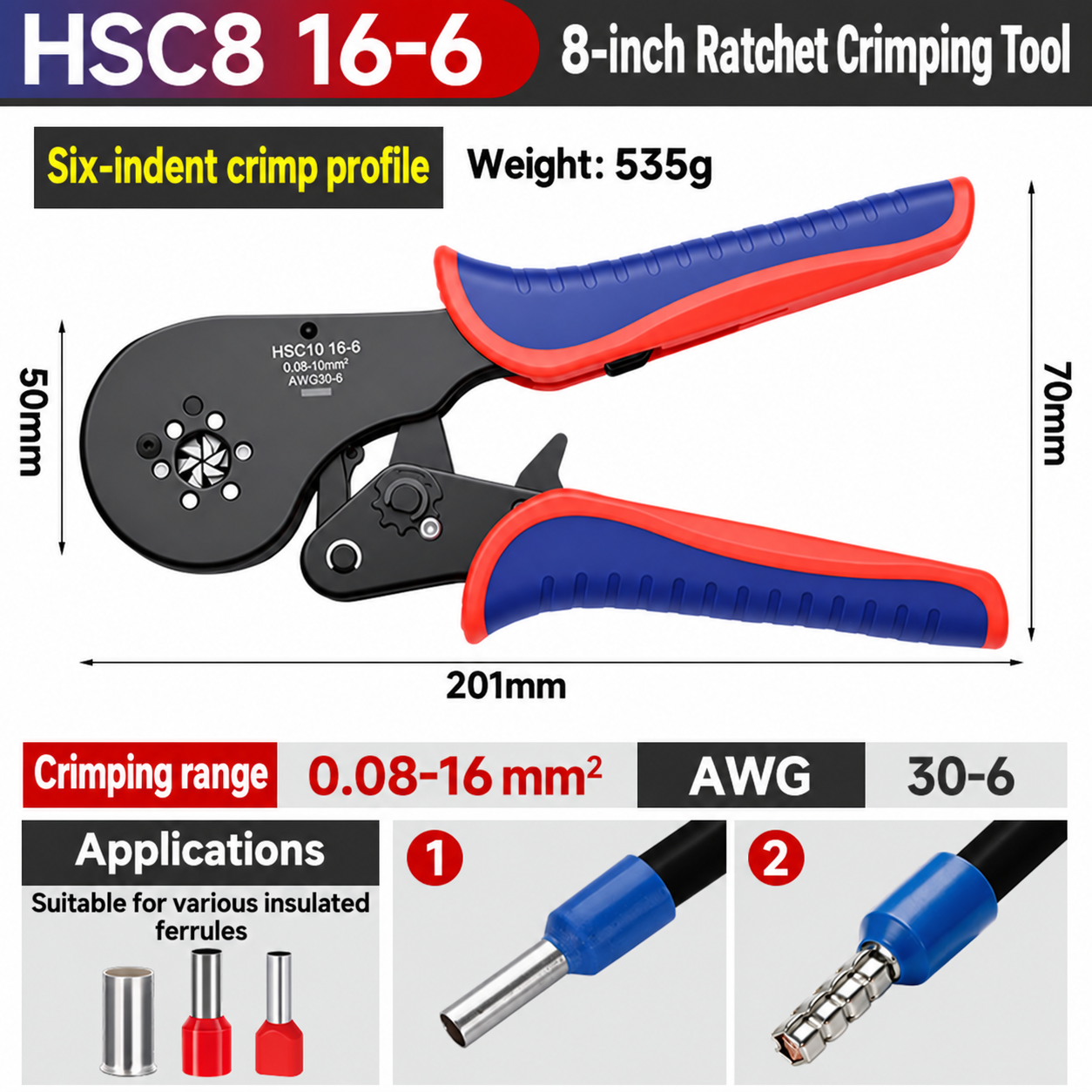 HSC8 16-6, crimpadora manual, 0.08–16 mm²