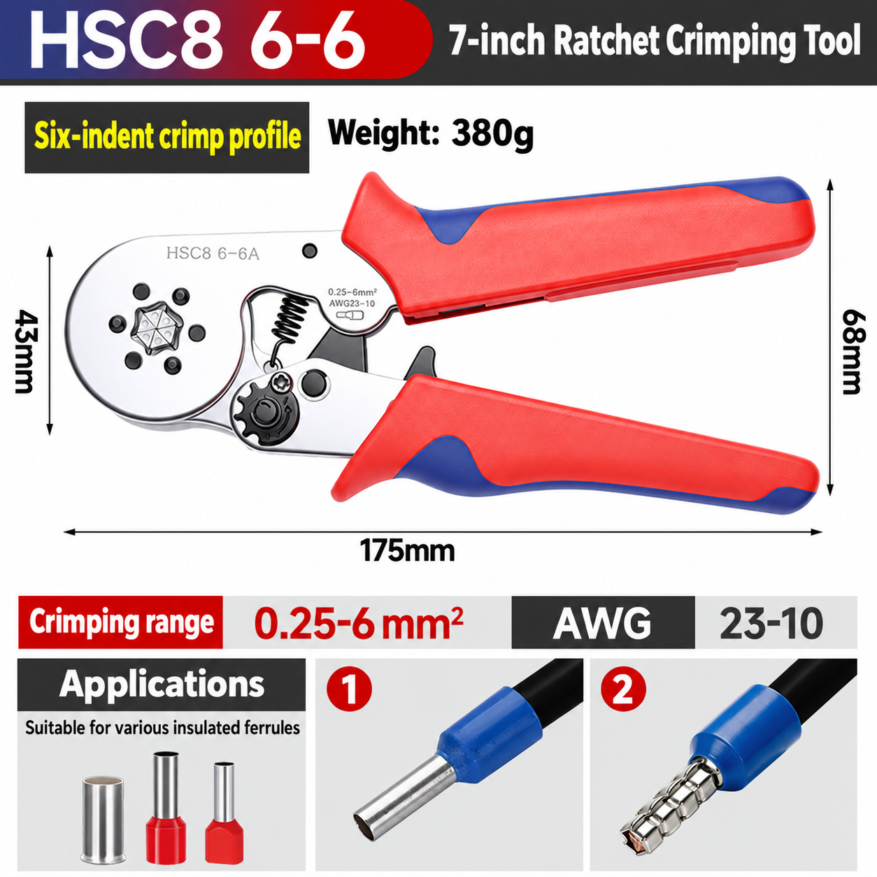 HSC8 6-6 Ferrule Crimping Tool, 0.25–6 mm²