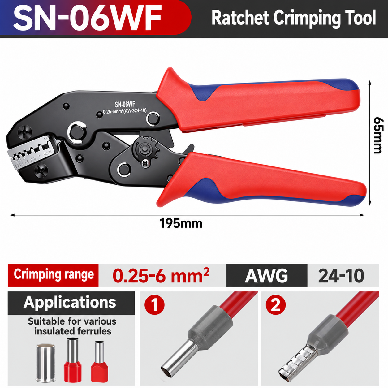 SN-06WF, crimpadora manual, 0.25–6 mm²