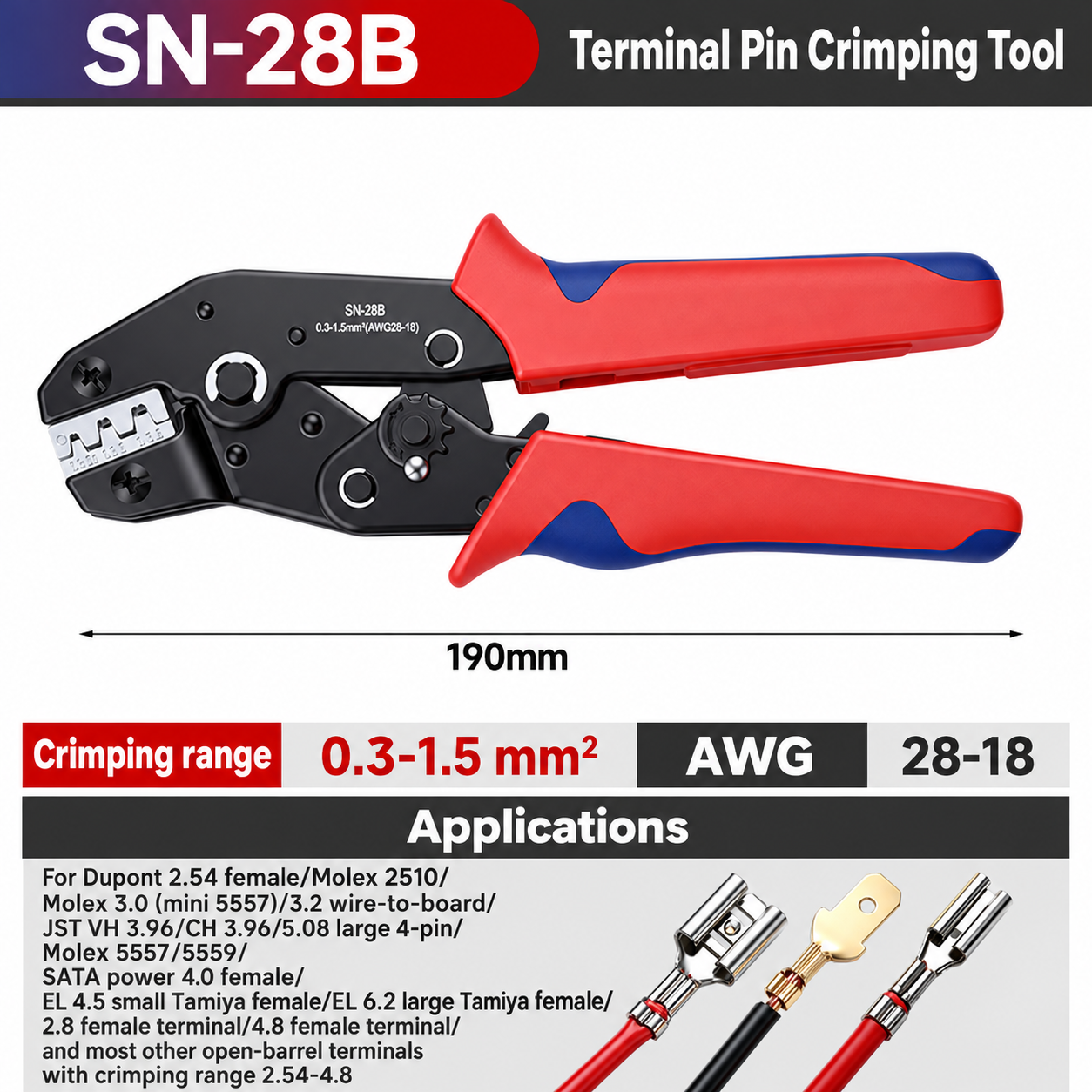 SN-28B, crimpadora manual, 0.3–1.5 mm²
