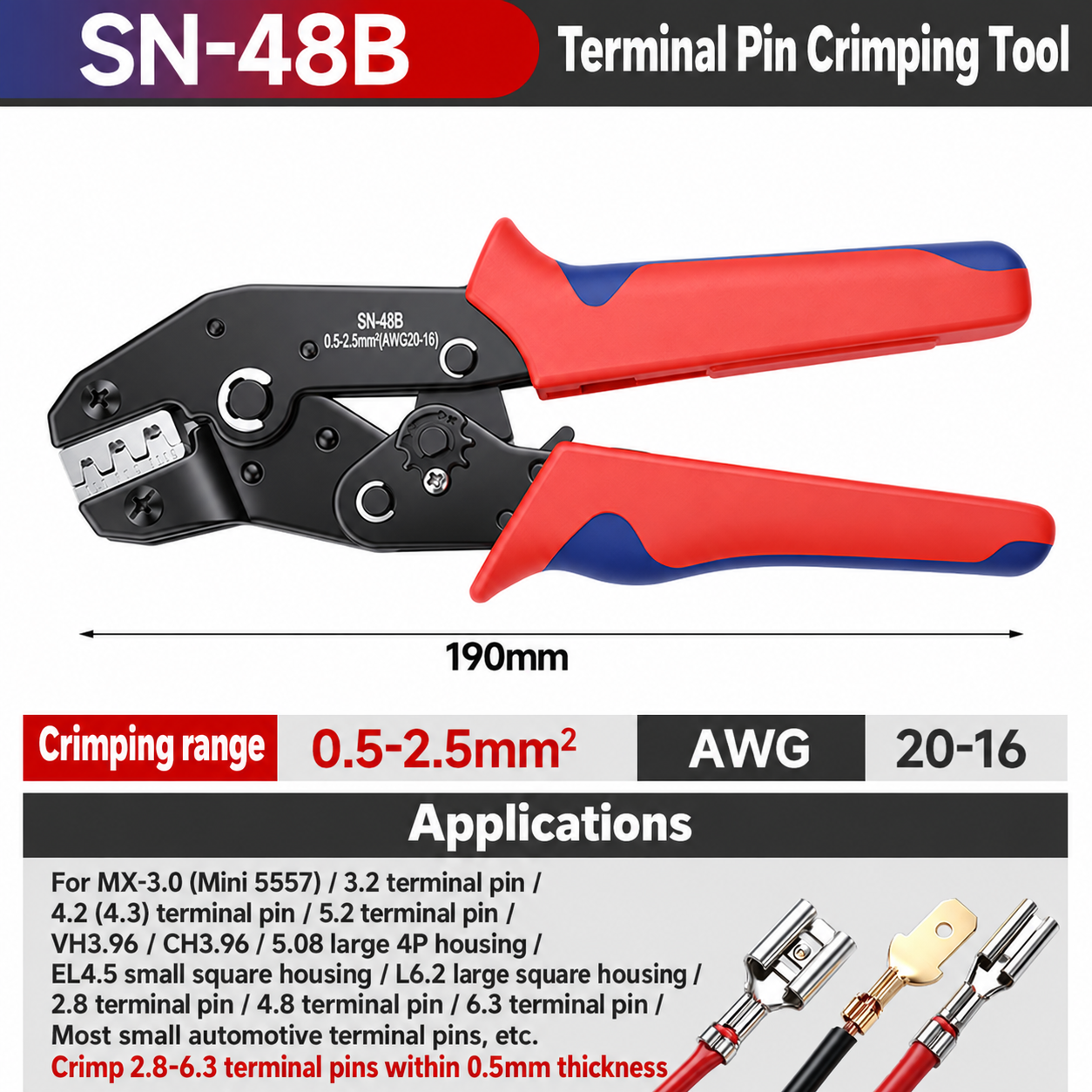 SN-48B, crimpadora manual, 0.5–2.5 mm²